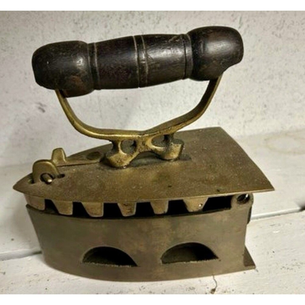 Vintage Chinese Brass Charcoal Silk Iron with Wood Handle Asian Decor VG!